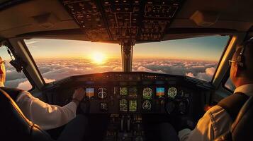 piloten vlieg de vlak. visie van de kuip van een modern passagier vlak Aan de wolken achter de vliegtuig venster. generatief ai foto