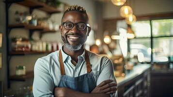 portret van gelukkig Afrikaanse Amerikaans Mens staand Bij deuropening van haar op te slaan. vrolijk volwassen serveerster aan het wachten voor klanten Bij koffie winkel. klein bedrijf baasje. generatief ai foto