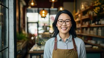 portret van gelukkig Aziatisch vrouw staand Bij deuropening van haar op te slaan. vrolijk volwassen serveerster aan het wachten voor klanten Bij koffie winkel. klein bedrijf baasje. generatief ai foto