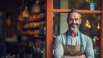 portret van gelukkig jong Mens staand Bij deuropening van haar op te slaan. vrolijk volwassen serveerster aan het wachten voor klanten Bij koffie winkel. klein bedrijf baasje. generatief ai foto