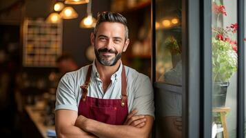 portret van gelukkig jong Mens staand Bij deuropening van haar op te slaan. vrolijk volwassen serveerster aan het wachten voor klanten Bij koffie winkel. klein bedrijf baasje. generatief ai foto