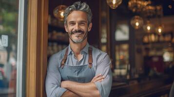 portret van gelukkig jong Mens staand Bij deuropening van haar op te slaan. vrolijk volwassen serveerster aan het wachten voor klanten Bij koffie winkel. klein bedrijf baasje. generatief ai foto