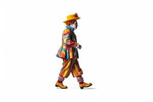 kant visie vol lengte afbeelding van een clown imiteren grappig wandelen geïsoleerd Aan wit achtergrond. generatief ai foto