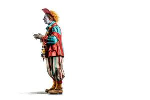 kant visie vol lengte afbeelding van een clown imiteren grappig wandelen geïsoleerd Aan wit achtergrond. generatief ai foto