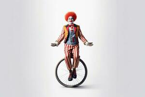 clown Aan een eenwieler jongleren geïsoleerd Aan wit achtergrond. generatief ai foto