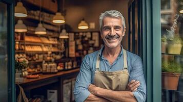 portret van gelukkig Mens staand Bij deuropening van haar op te slaan. vrolijk volwassen serveerster aan het wachten voor klanten Bij koffie winkel. klein bedrijf baasje. generatief ai foto