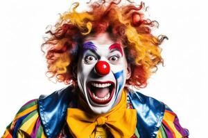 een grappig vrolijk schreeuwen clown geïsoleerd Aan wit achtergrond. generatief ai foto