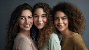 portret van drie mooi blij multiraciaal Dames staand samen en glimlachen Bij camera geïsoleerd over- wit achtergrond. generatief ai foto