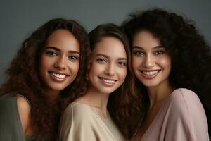 portret van jong multiraciaal Dames staand samen en glimlachen Bij camera geïsoleerd over- wit achtergrond. generatief ai foto