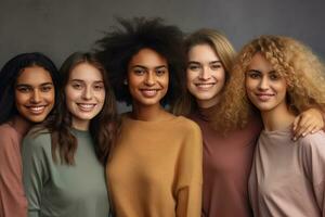 portret van jong multiraciaal Dames staand samen en glimlachen Bij camera geïsoleerd over- wit achtergrond. generatief ai foto