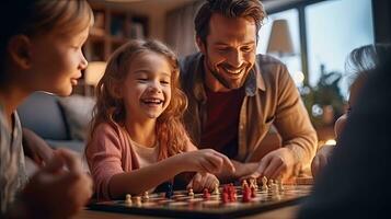 vrolijk familie spelen bord spellen Bij huis vind geluk en harmonie in vrij tijd Bij leven kamer. generatief ai foto
