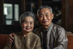 Aziatisch ouderen paar gevoel gelukkig glimlachen en op zoek naar camera in leven kamer Bij huis. generatief ai foto