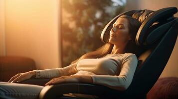 een vrouw ontspannende Aan de massage stoel in de leven kamer. elektrisch massage stoel. generatief ai foto