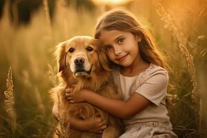 een weinig meisje knuffelen gouden hond in de veld- in zomer dag samen. schattig kind met hondje huisdier portret Bij natuur in de ochtend. vrolijk. generatief ai foto