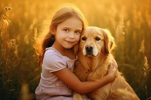 een weinig meisje knuffelen gouden hond in de veld- in zomer dag samen. schattig kind met hondje huisdier portret Bij natuur in de ochtend. vrolijk. generatief ai foto