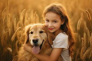 een weinig meisje knuffelen gouden hond in de veld- in zomer dag samen. schattig kind met hondje huisdier portret Bij natuur in de ochtend. vrolijk. generatief ai foto