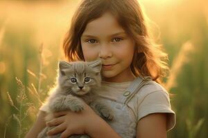 een weinig meisje met een kat in de veld- in zomer dag samen. schattig kind met hondje huisdier portret Bij natuur in de ochtend. vrolijk. generatief ai foto