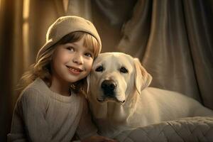 vrolijk van een kind met een labrador Bij huis. generatief ai foto