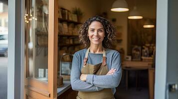 een vrouw klein bedrijf eigenaar glimlachen Bij voorkant deur met armen gevouwen. generatief ai foto