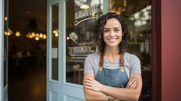 een vrouw klein bedrijf eigenaar glimlachen Bij voorkant deur met armen gevouwen. generatief ai foto