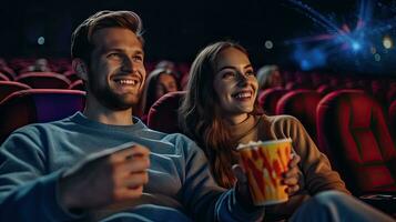 een jong blij paar in de bioscoop, aan het kijken een spannend film. bioscoop concept. generatief ai foto