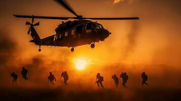 marines aflopend helikopter druppels gedurende zonsondergang. generatief ai foto