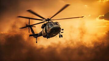 leger commando helikopter druppels gedurende zonsondergang. generatief ai foto