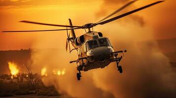 leger commando helikopter druppels gedurende zonsondergang. generatief ai foto