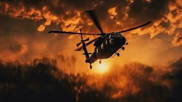 silhouet van leger commando helikopter druppels gedurende zonsondergang. generatief ai foto