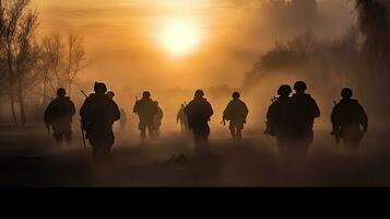 silhouetten van leger soldaten in de mist tegen een zonsondergang. generatief ai foto