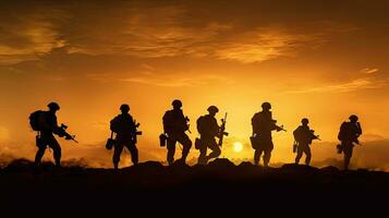 silhouetten van leger Aan de slagveld Bij zonsondergang. generatief ai foto