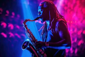 Afrikaanse Amerikaans knap jazz- musicus spelen de saxofoon in de studio Aan een neon achtergrond. muziek- concept. generatief ai foto