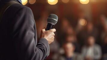 een spreker met microfoon in voorkant van publiek. komedie muziek- en theater leven prestatie. congres of conferentie. algemeen ontmoeting. generatief ai foto