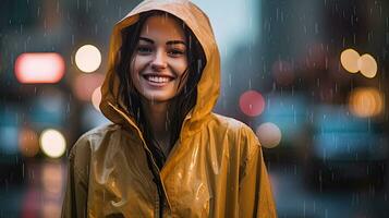 gelukkig vrouw staand in de straat in regen jas. generatief ai foto