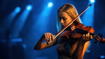 een jong vrouw spelen viool Aan fase. musical concept. generatief ai foto