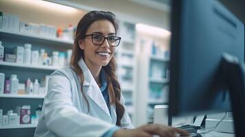 portret van glimlachen jong vrouw apotheker Holding geneesmiddel terwijl gebruik makend van computer Bij apotheek balie. generatief ai foto