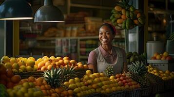 blij Afrikaanse Amerikaans verkoper vrouw werken in fruit winkel. generatief ai foto