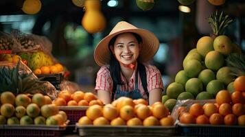 blij verkoper Aziatisch vrouw werken in fruit winkel. generatief ai foto