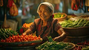 blij verkoper senior vrouw werken in fruit winkel. generatief ai foto