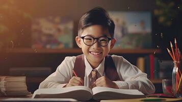 glimlachen Aziatisch kind school- jongen aan het doen huiswerk terwijl zittend Bij bureau Bij huis. generatief ai foto