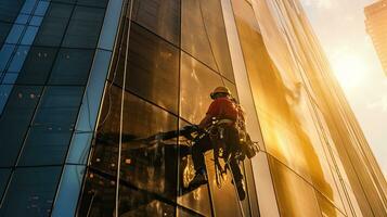 professioneel klimmer touw toegang arbeiders schoonmaak glas in hoog gebouw. generatief ai foto