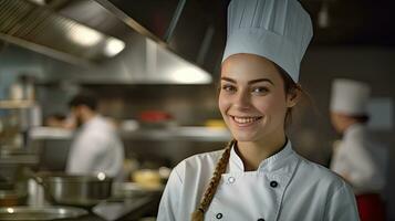 portret van een glimlachen vrouw chef in de keuken. generatief ai foto