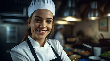 portret van een glimlachen vrouw chef in de keuken. generatief ai foto