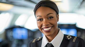 Afrikaanse Amerikaans vrouw glimlachen net zo vlucht bediende. vrouw vliegtuig stewardess. generatief ai foto