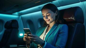 een glimlachen vrouw ondernemer in pak gebruik makend van smartphone terwijl zittend in een vliegtuig. online communicatie Aan vliegtuigen. generatief ai foto