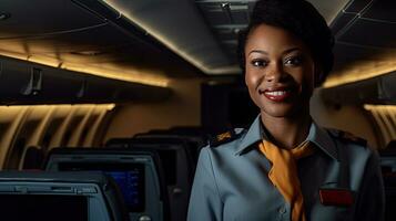 Afrikaanse Amerikaans vrouw werken net zo vlucht bediende. vrouw vliegtuig stewardess interieur van passagier vlak. generatief ai foto