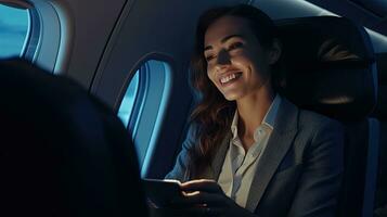 een glimlachen vrouw ondernemer in pak gebruik makend van smartphone terwijl zittend in een vliegtuig. online communicatie Aan vliegtuigen. generatief ai foto