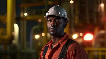 Afrikaanse Amerikaans jong Mens petrochemisch ingenieur werken Bij nacht binnen olie en gas- raffinaderij fabriek fabriek. generatief ai foto