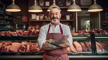 portret van een gelukkig slager staand met armen gekruiste in modern vlees winkel. generatief ai foto