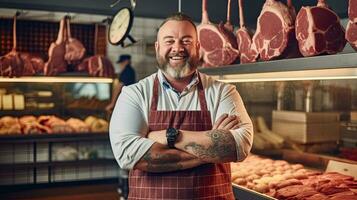 portret van een gelukkig slager staand met armen gekruiste in modern vlees winkel. generatief ai foto